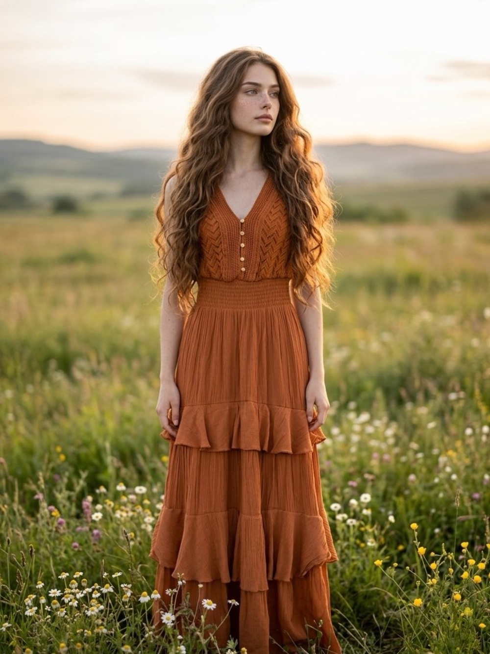 J GEE Terracotta Orange Crochet Smocked Tiered Maxi Dress